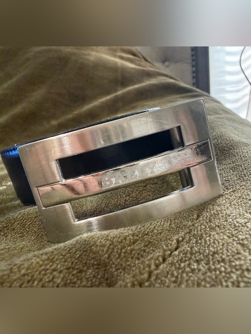 Bally Men's Silver and Black Rectangular Logo Buckle Belt